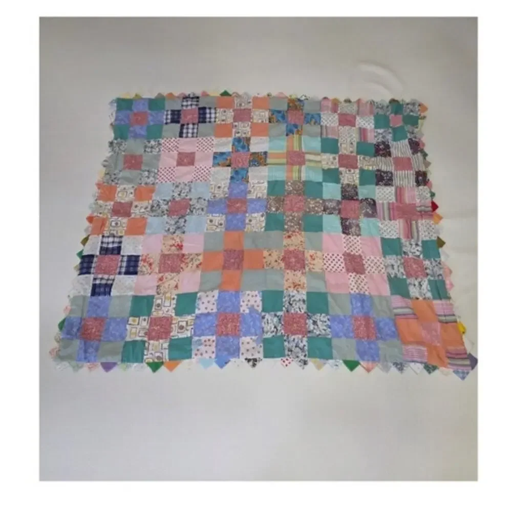 VTG Handmade Colorful Scrappy Memory Lap Blanket Crib Tied Quilt Granny Cottage